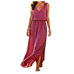 Lucky Brand Maxi Dress Size M Magenta Print Cotton Blend Knit Pockets NEW NWT